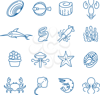 Seafood, fish thin line vector icons. Marine fauna and flora illustration