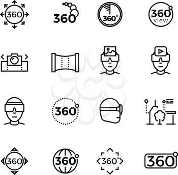 360 degree image, panorama, virtual reality thin line icons. Device for simulation gaming, vector illustration