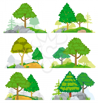 Landscapes with coniferous and deciduous trees, grass and rocks. Vector set of nature landscape with tree and rock, illustration forest tree coniferous