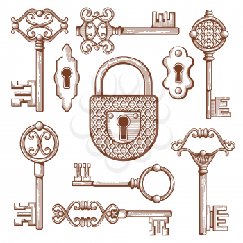 Vintage keys, locks and padlocks hand drawn. Keyhole and secrecy, various classic elements, vector illustration