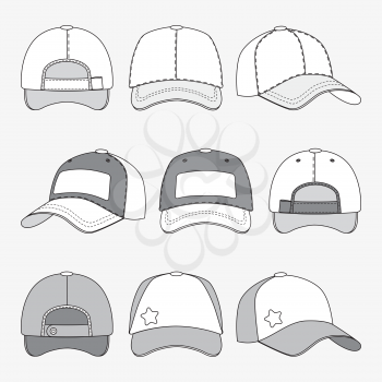 Baseball cap front back and side view outline vector. Template of caps, illustration of cap for sport