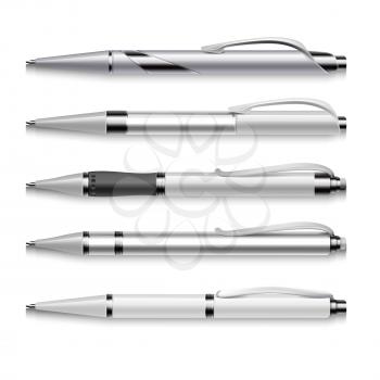 Blank and metallic vector pens template on white background. Set of automatic pens, illustration of mockup pen