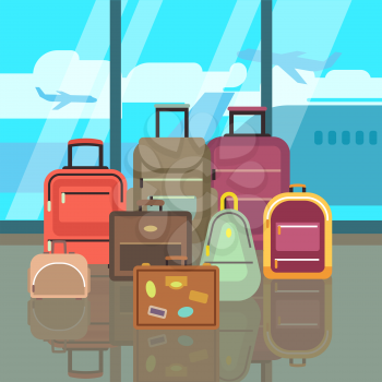 Vacation travelling concept with travel bags vector flat background. Set of bags in airport, illustration of color bags for travel