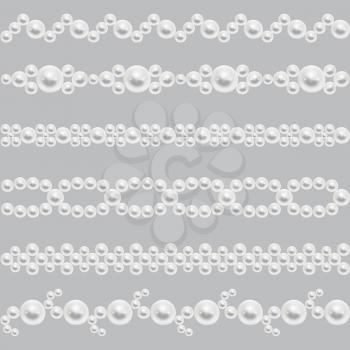 Pearl realistic seamless borders vector. Set of decoration from pearl, illustration with glossy border pearls for wedding