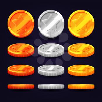 Gold, silver, and copper coins in different positions. Vector elements for animation and computer games. Set of metal coins, illustration of coin money