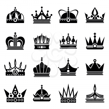 Vector silhouettes of black crowns on white background