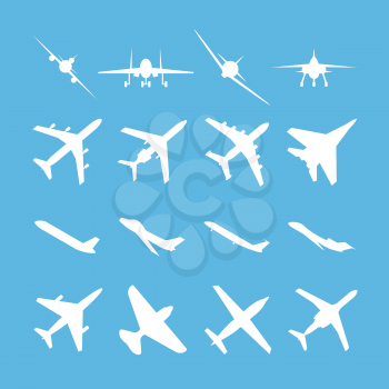 Different airplanes vector icons. Set of white airplane silhouettes on blue background. Air plane transport vector illustration