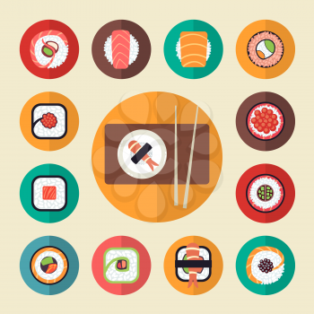 Japanese food sushi icons vector illustration set. Healthy seafood menu