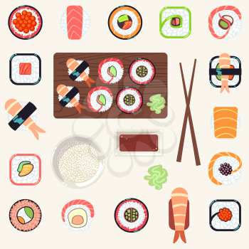 Japanese food vector illustration set. Shrimp and east fish salmon design