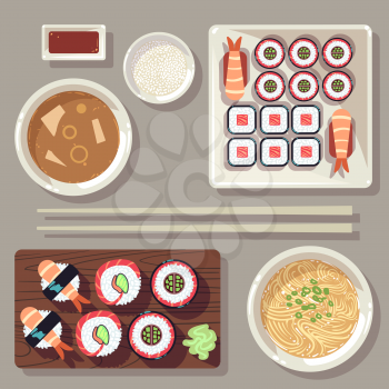 Japanese food vector illustration set. Shrimp and soup dinner on plate