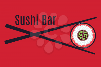 Red Japanese sushi bar food logo template. Traditional restaurant, vector illustration