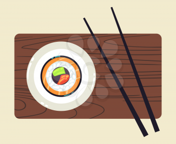 Sushi on wooden plate with pair of chopsticks vector illustration