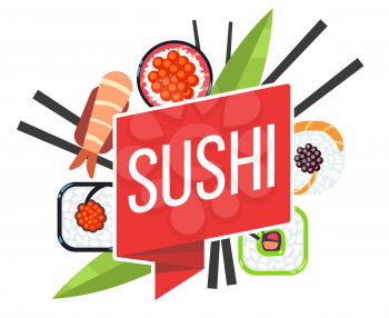 Japanese sushi menu vector illustration template. Emblem with food and ribbon