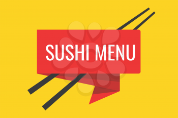 Japanese sushi menu vector illustration template. Chopsticks and flat ribbon
