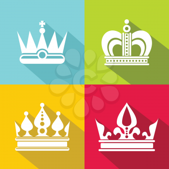 White crown icons on color background. Element for prince or queen. Vector illustration