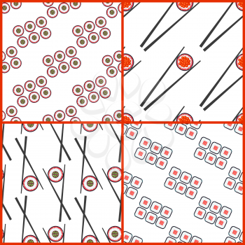 Sushi and chopsticks vector seamless patterns set. Collection of backgrounds for restaurants menu illustration