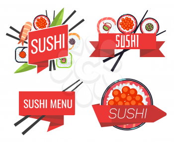 Japanese sushi bar or restaurant menu vector. Set of logo with red ribbon illustration