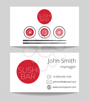 Japanese sushi bar business card both sides vector template illustration