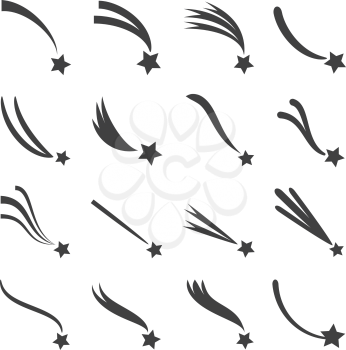 Falling, shooting stars, meteorites and comets with tails vector icons set. Comet with tail fall illustration