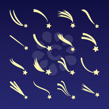 Shooting star, comet silhouettes vector icons isolated on dark blue background. Meteor falling illustration