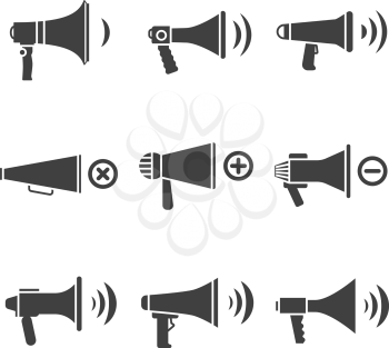 Megaphone and loudspeaker, audio speaker, volume vector icons. Control power sound button illustration