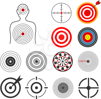 People, animals, dart, silhouette shooting target vector set. Goal and center aim, success concept illustration