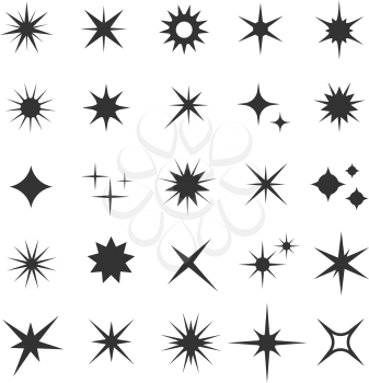 Shining sparkling stars black vector symbols. Monocchrome flash effect illustration