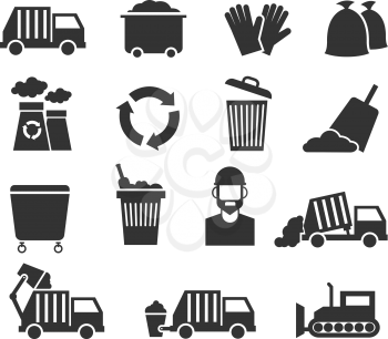 Trash recycle garbage waste vector icons. Container for junk and waste processing plant illustration