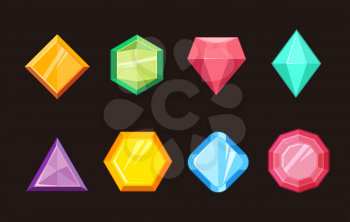 Cartoon gems jewels diamond brilliant vector set. Gemstone and crystal, precious glass elements illustration