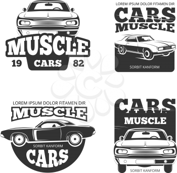 Classic muscle car vintage vector. Template of labels, logo, emblems, badges for garage and repair service engine illustration