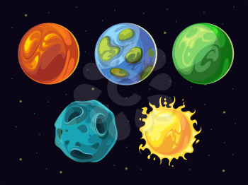 Comic planets and stars vector set for space computer game user interface. Gui universe and galaxy with cartoon planets world illustration