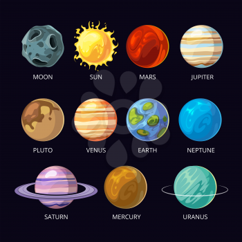 Planets of solar system vector cartoon set on dark sky space background. Mars and pluto, neptune and venus, uranus and saturn illustration