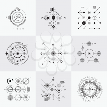 Scientific bauhaus technology circular grids vector set. Structure geometric pattern illustration