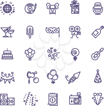 Birthday party celebration fun line vector icons. Gift and champagne, cocktail and cake to event birthday illustration
