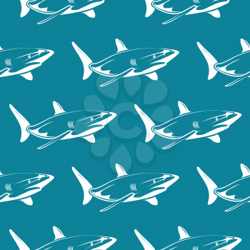 White sharks over blue seamless pattern. Cartoon animal wallpaper, vector illustration
