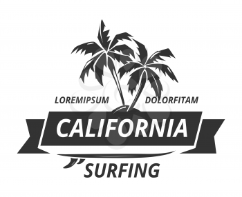 Surfing logo with palm tree. Exotic tropical nature, vector illustration