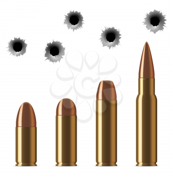 Vector shot gun bullets and bullet holes isolated on white background. Gunshot and caliber of weapon bullets illustration
