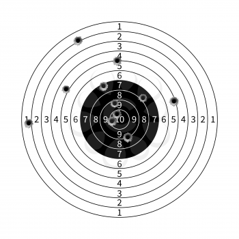 Gun target with bullet holes vector illustration. Success shot in aim