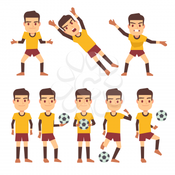 Footballer, soccer player, goalkeeper in different gaming poses set of vector flat characters. Sportsman playing in football illustration