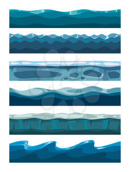 Set of sea backgrounds for mobile games apps. Collection of water surface illustration