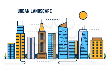 Urban cityscape flat line vector design. Building architecture downtown, skyscraper in business city illustration