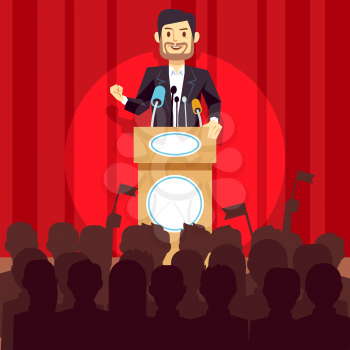 Business leadership vector concept with speaker businessman, politician on the podium. Person speech on conference illustration