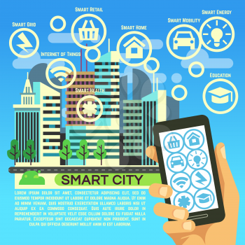 Smart city vector flat concept with internet thing, business communication and technology icons. Smart energy and education, innovation concept illustration