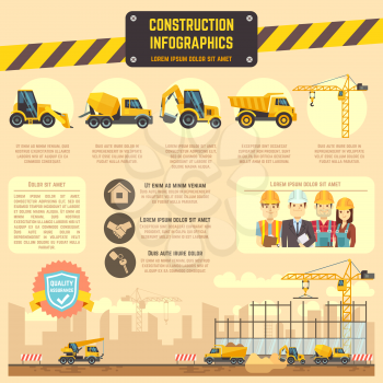 Construction infographic vector template with construction machinery, charts, diagrams for business presentation. Illustration of construction information banner