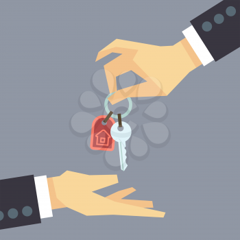 Hand giving house keys. vector real estate, buying house concept. Sale house illustration