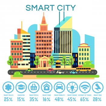 Vector smart city concept with business smart technology icons. Transportation and automatic and connect equipment illustration