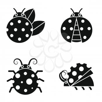 Black silhouette ladybugs on white background. Ladybug in monochrome style. Vector illustration