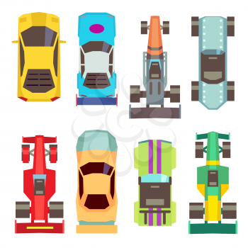 Sport race cars top view flat vector icons. Speed transport for competition illustration