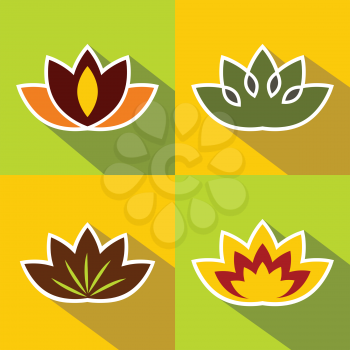 Color flat flowers with dark long shadow with white stroke. Vector illustration