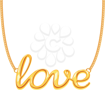 Gold chain necklace with LOVE word pendant vector illustration. Golden decoration jewellery